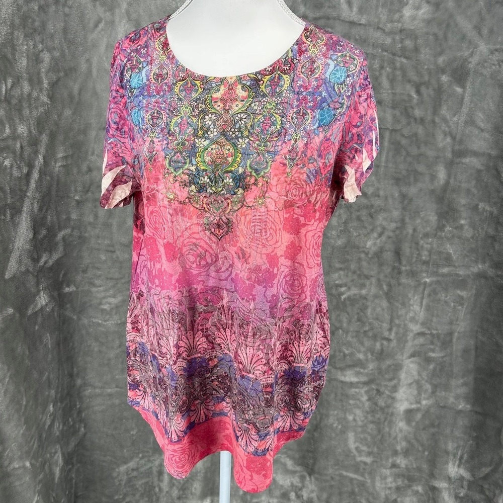Womens Pink Purple Boho Paisley Medallion Short Sleeve Top L Festival Eclectic